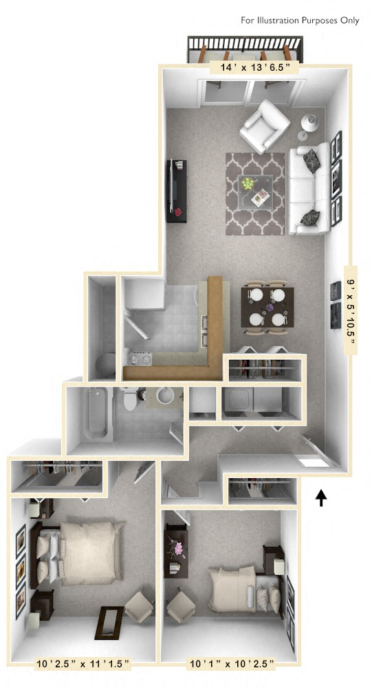 Floor plan for 2 beds, 1 bath, 793 sqft